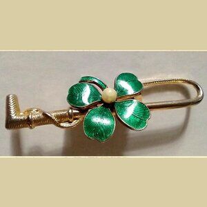 Vintage Brooch 4 Leaf Clover Riding Crop Green Enamel Gold Tone Metal Faux Pearl